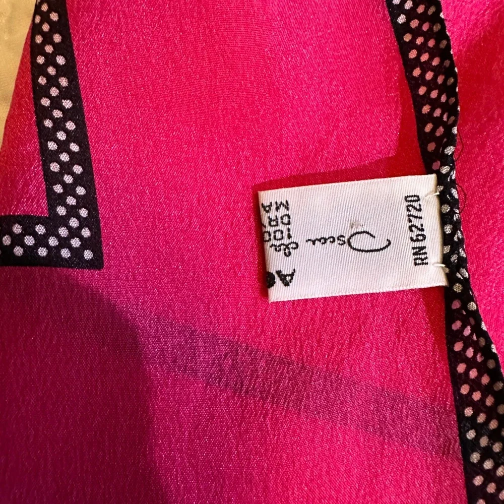 Oscar de la Renta Silk Scarf Magenta Pink Black Polka Dot Border Made in Japan